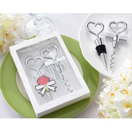 Bomboniere matrimonio utili set cavatappi e tappo bottiglia con cuore  altezza 12 cm con scatola