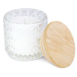 Bomboniera candela aromatica con vasetto in vetro lavorato e coperchio in legno di bambù 7x7 cm