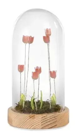Bomboniera campana luminosa con tulipani rosa in vetro e legno · 14,2 cm