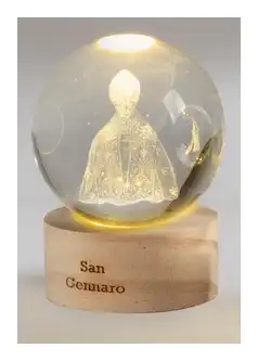 Bomboniera sfera luminosa con San Gennaro su base di legno in cristallo e legno · diametro sfera 8 cm